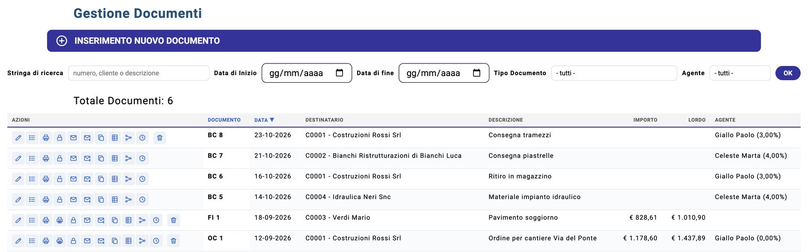 Business Doc: l'elenco dei documenti, con la ricerca, i filtri per tipo di documento e agente e le azioni di ogni documento