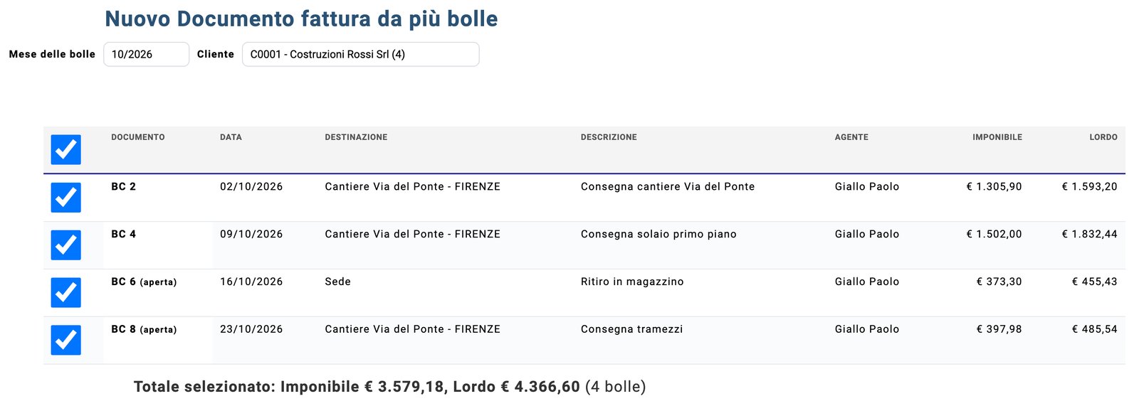 La fattura da più bolle: le bolle di ottobre di un cliente, spuntate, con imponibile, lordo e il totale della selezione