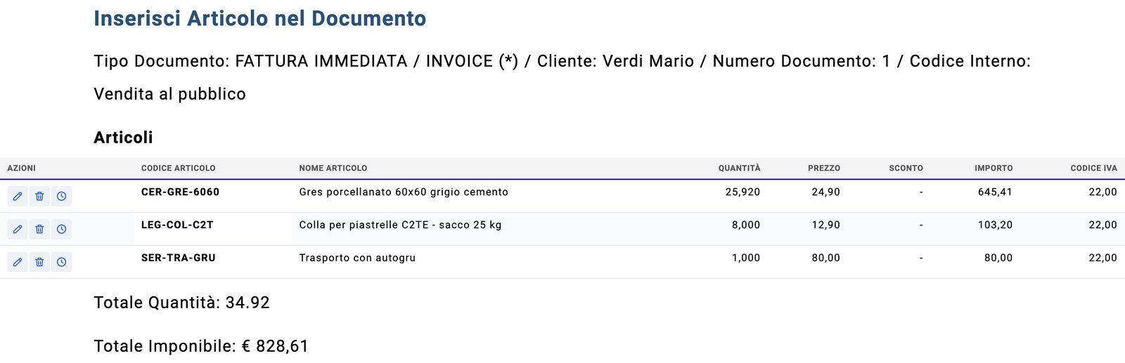 Le righe di una fattura: articoli, quantità, prezzi, importi e IVA